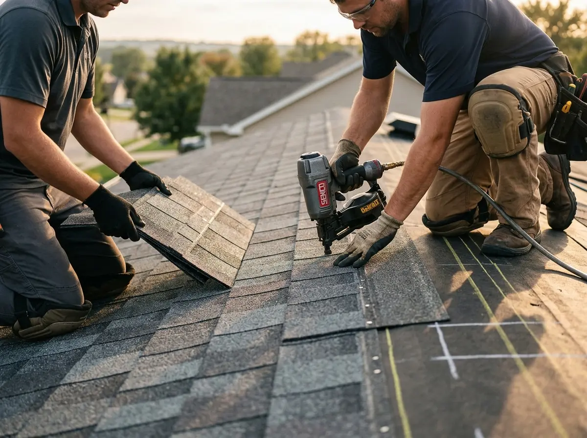 Professional roofer working on a residential roof in La CaÃ±ada Flintridge